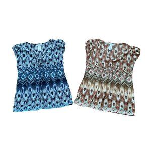 Lizwear Tops Medium Geometric Pattern Short Sleeve Lot Of 2 Blue Brown